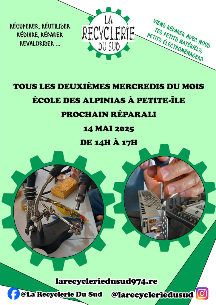 Flyer du prochain réparali à la Petit-île le 14 mai 2025