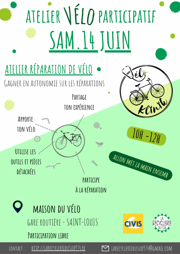 Flyer de l'atelier participatif VéloKlinik à Saint-Louis, un samedi par mois