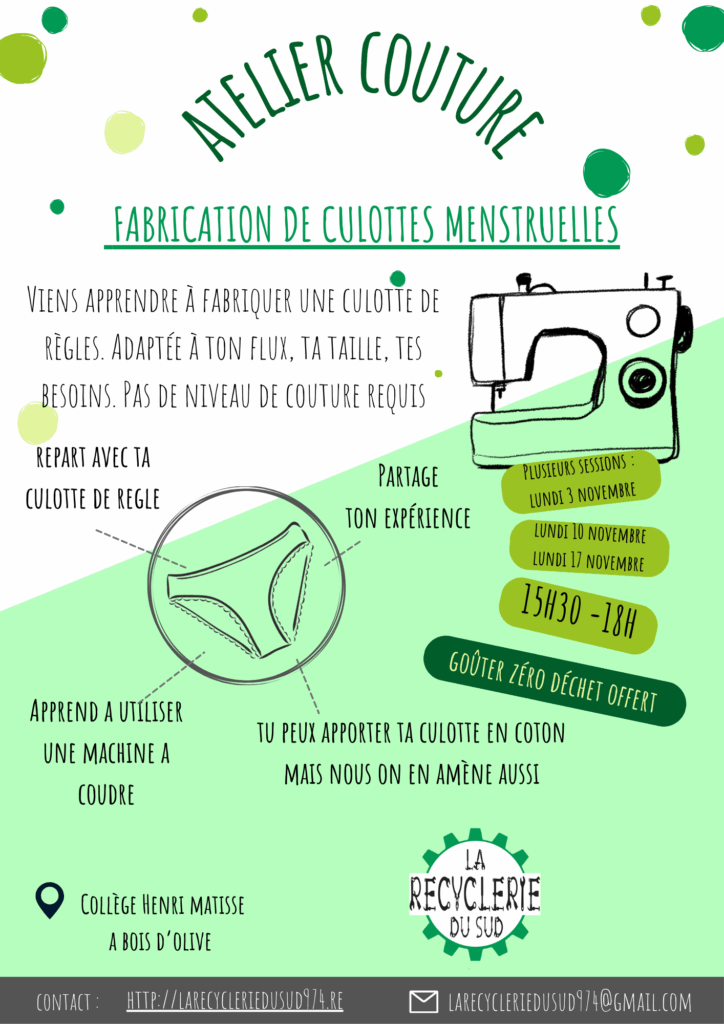 Flyer du prochain atelier culotte menstruelle à Saint-Pierre au Collège Henri Matisse à Bois d'olives durant le mois de novembre