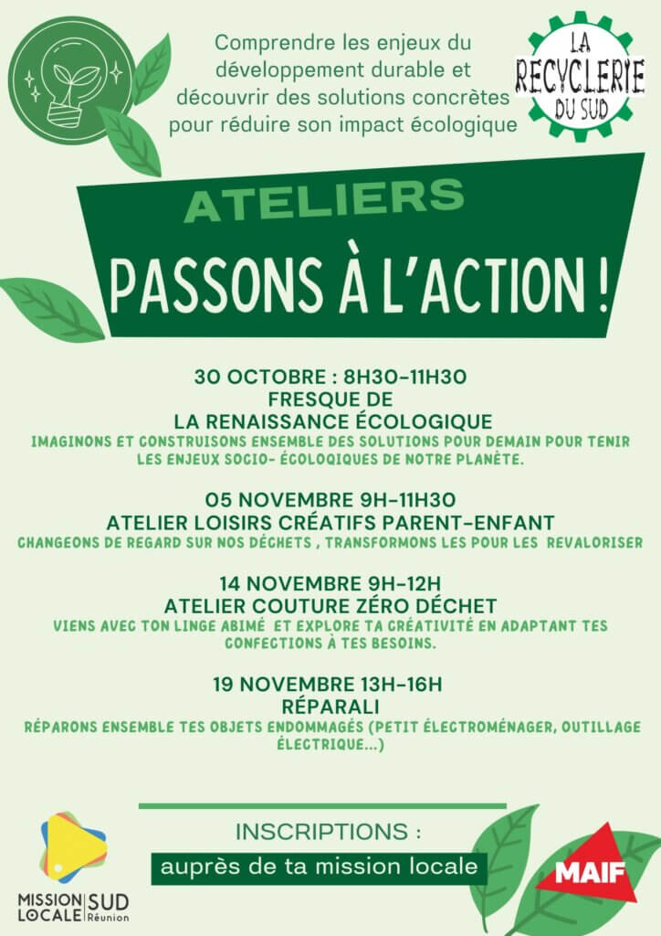 Flyer de l'évènement de l'ateliers "Passons à l'action" le 30 Novembre 2025 avec la Maïf et la Mission Locale