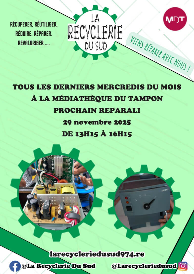 Flyer du prochain réparali à la médiathèque du Tampon le 29 neptembre 2025