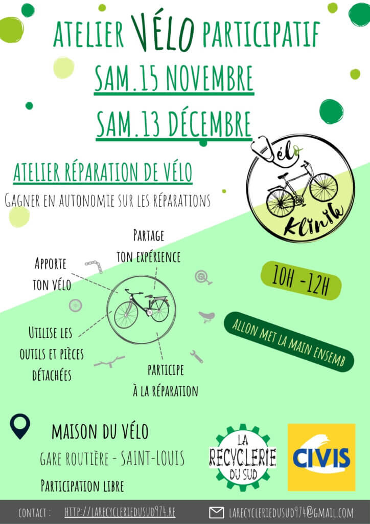 Flyer des prochains Ateliers Vélo Participatif à la Saint-Louis les samedis 15 Novembre et samedi 13 Décembre 2025